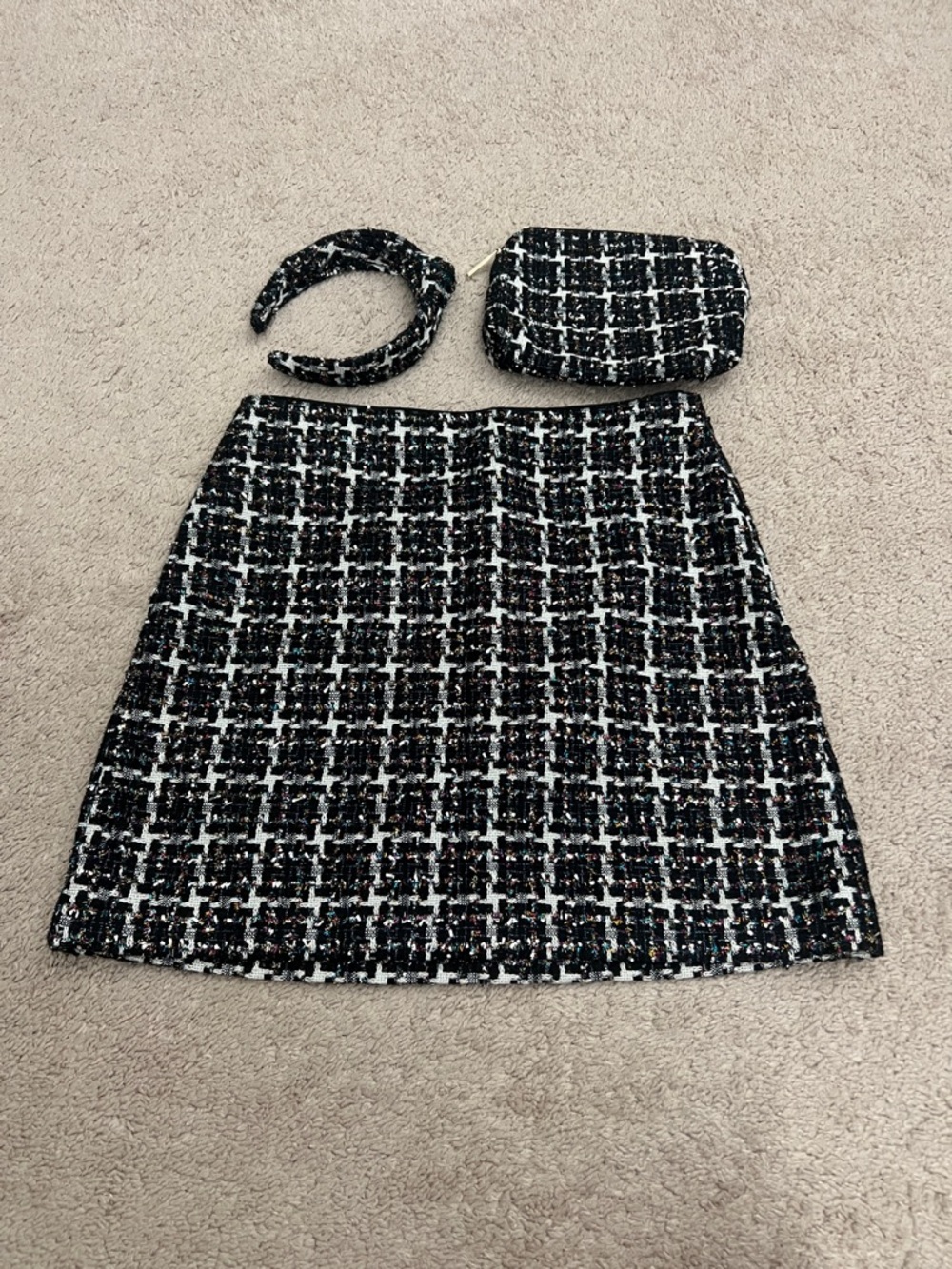 Black & White Tweed Skirt Set with Matching Headband and Pouch